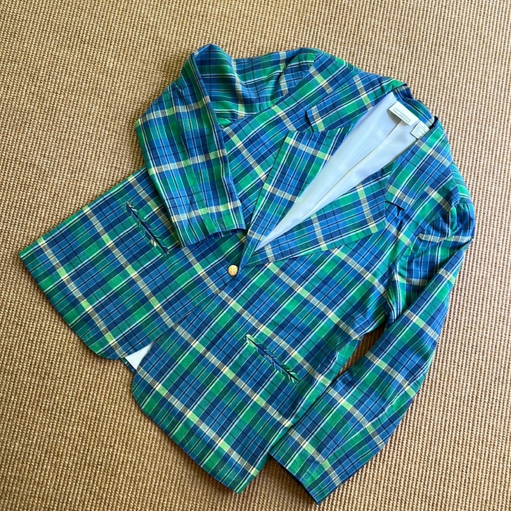 Blue and Green Cotton Plaid Blazer by I.C. Isaacs